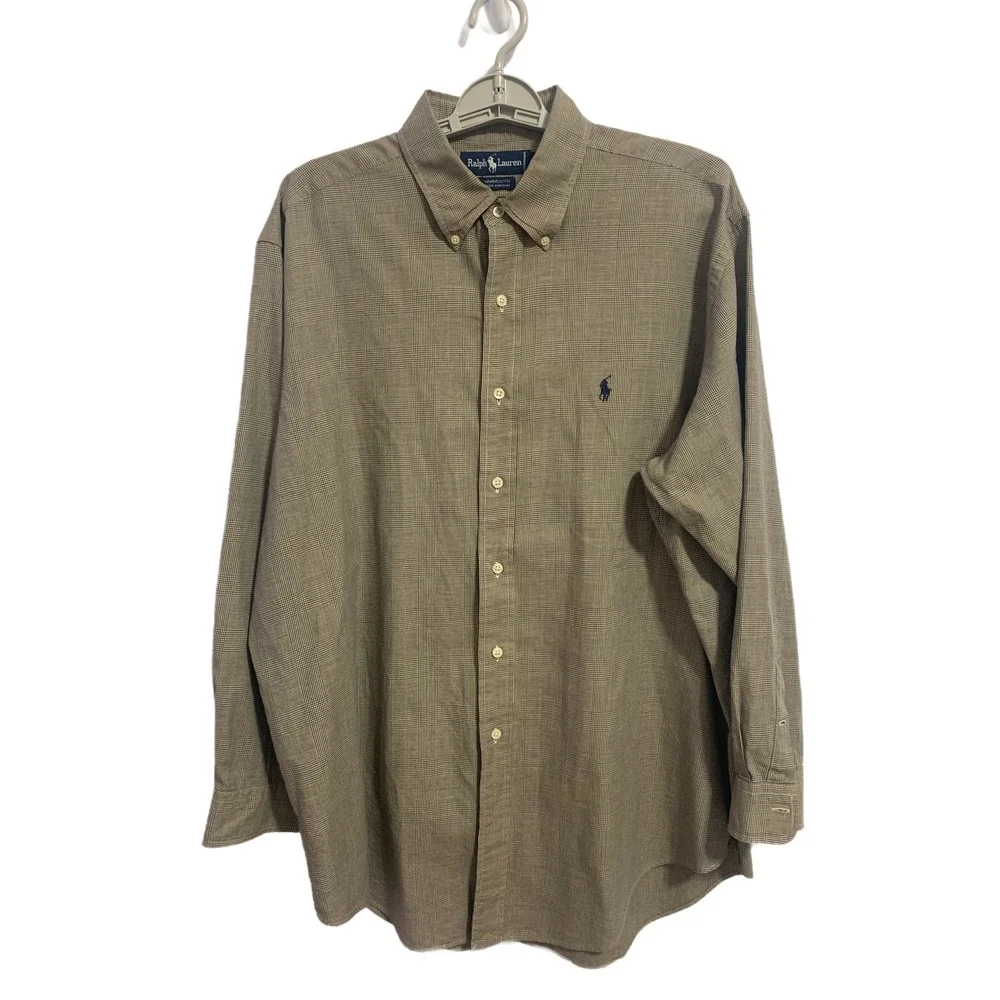 Polo Ralph Lauren Yarmouth Shirt Mens 17-34 Brown Glen Plaid Cotton Logo READ - Picture 3 of 9